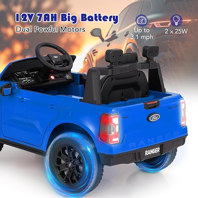 Licensed Ford Ranger Kids' Ride-On Car - 12V Battery-Powered with Leather Seat, MP3, Lights & Music (Blue)