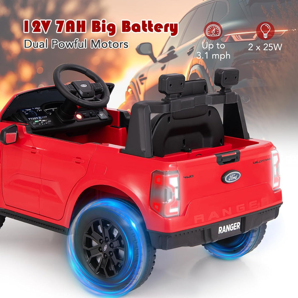 Licensed Ford Ranger Kids' Ride-On Car - 12V Battery-Powered with Leather Seat, MP3, Lights & Music (Red)