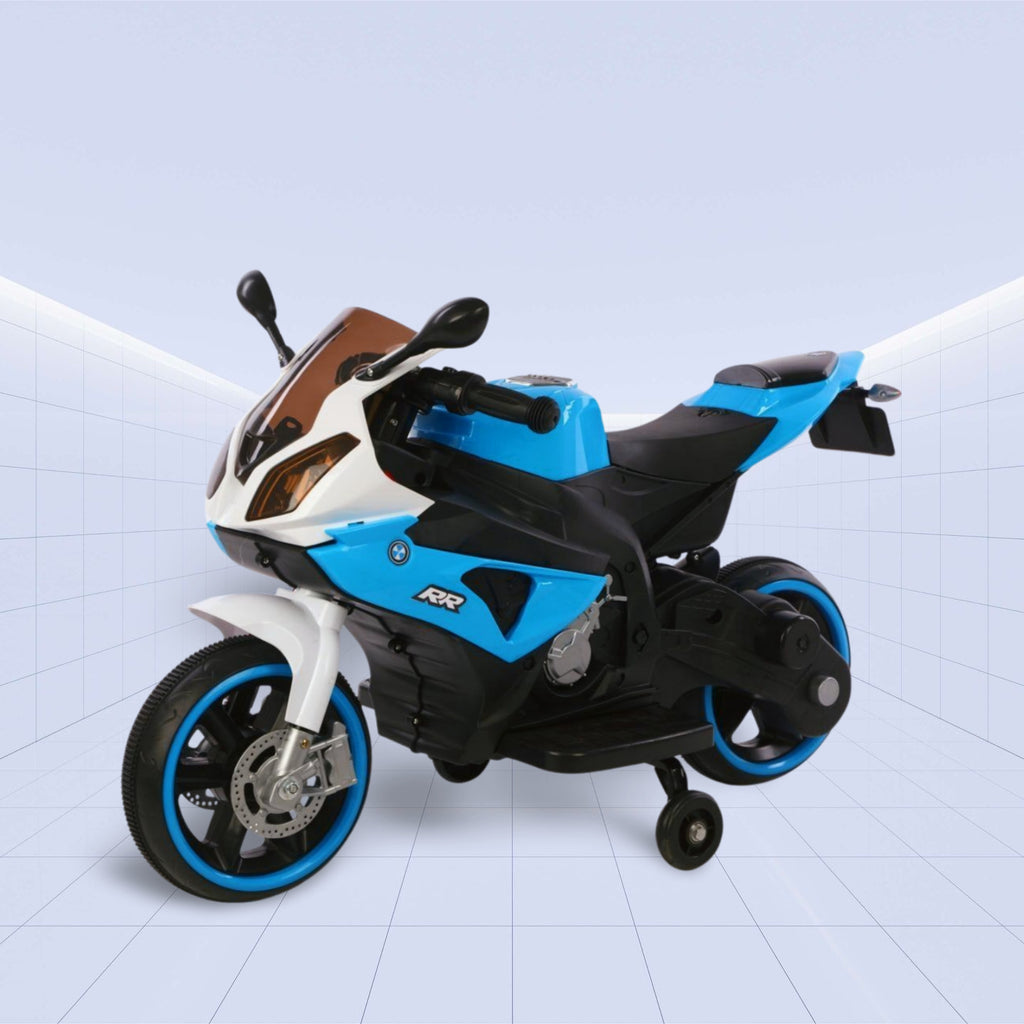 12V Sleek Sports Style Kids Ride-On Motorcycle with Training Wheels (BLUE)