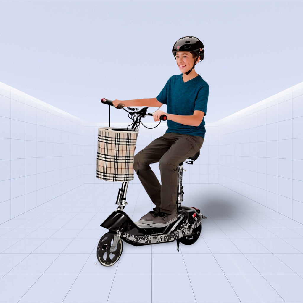 24V Stylish and Compact Electric Scooter with Basket and Seat for Convenient Urban Rides (BLACK)