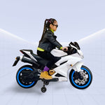 "Sporty R15 12V Electric Ride-On Motorcycle for Kids with Realistic Features"(WHITE)