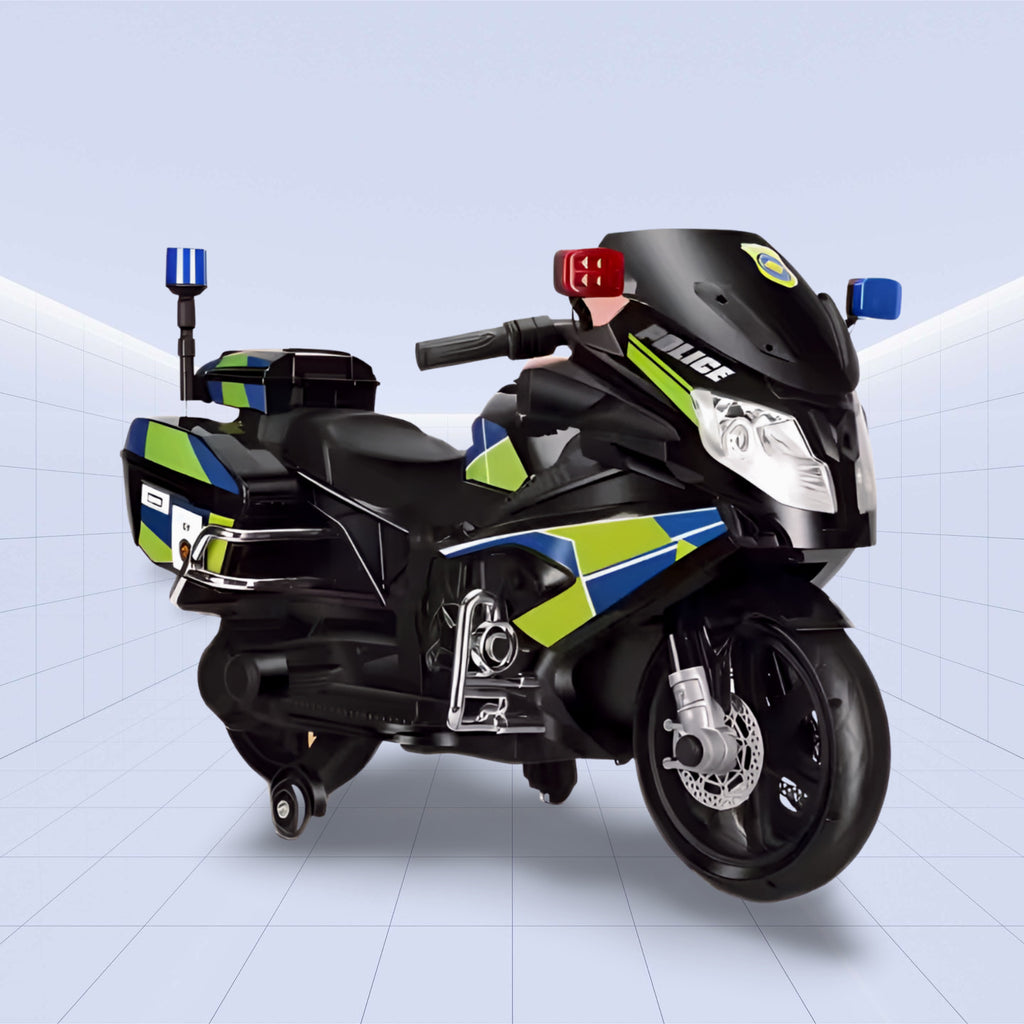 "Ultimate 12V Police Ride-On Motorcycle with Flashing Lights, Siren, and Music System"(BLACK)