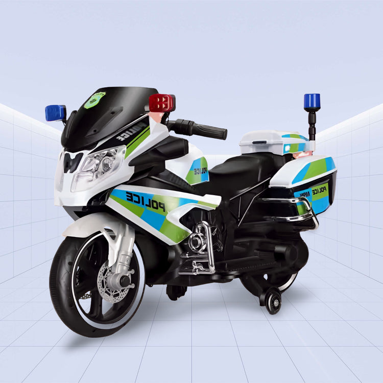 "Ultimate 12V Police Ride-On Motorcycle with Flashing Lights, Siren, and Music System"(WHITE)