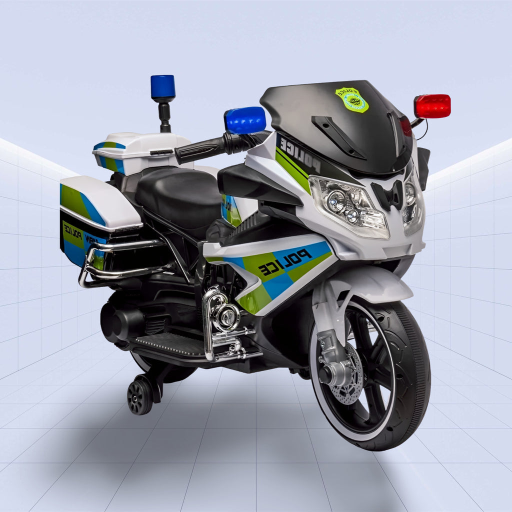 "Ultimate 12V Police Ride-On Motorcycle with Flashing Lights, Siren, and Music System"(WHITE)