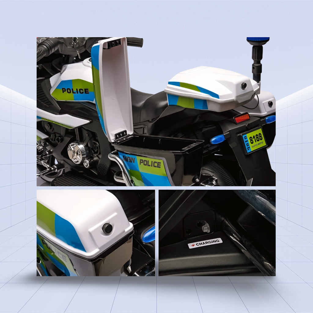 "Ultimate 12V Police Ride-On Motorcycle with Flashing Lights, Siren, and Music System"(WHITE)