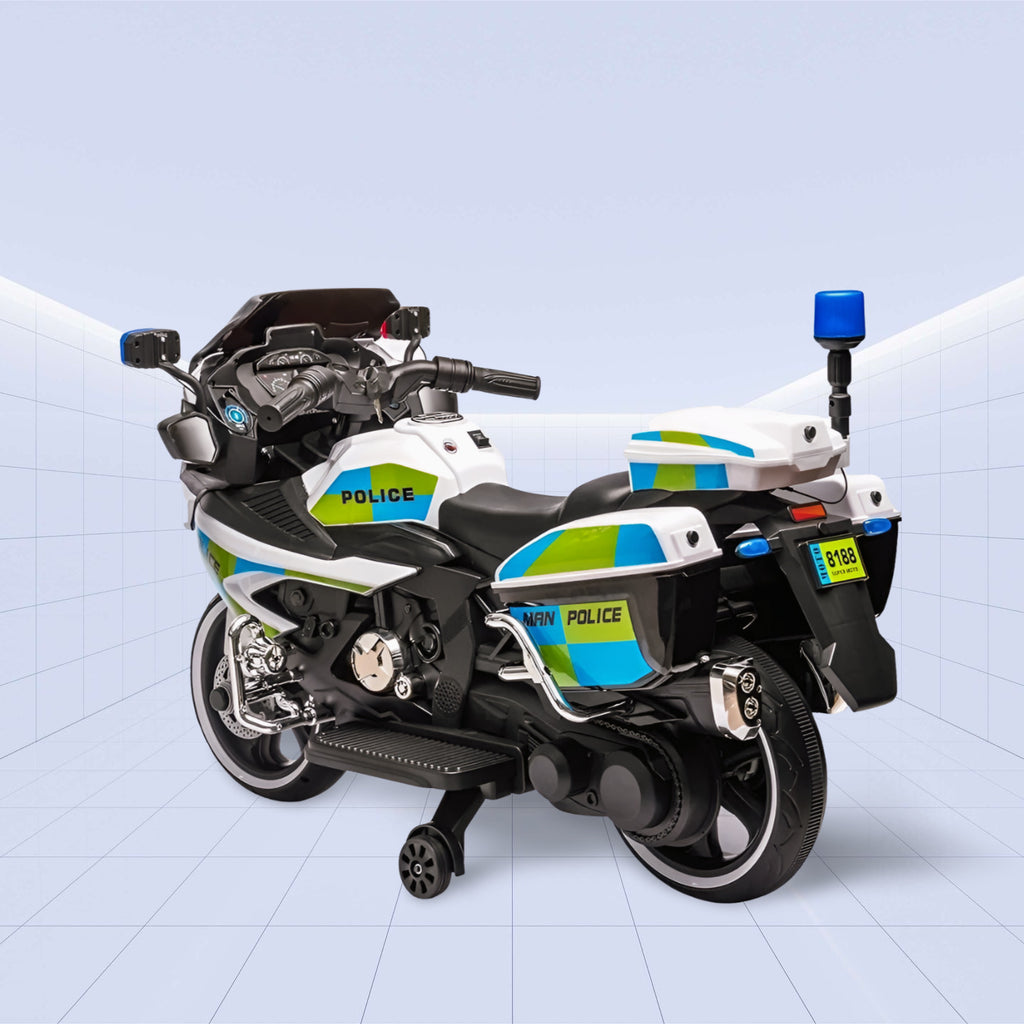 "Ultimate 12V Police Ride-On Motorcycle with Flashing Lights, Siren, and Music System"(WHITE)