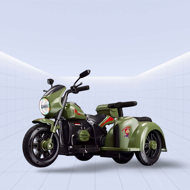 12V "Retro Military Style Electric Ride-On Motorcycle with Sidecar for Kids" (GREEN)