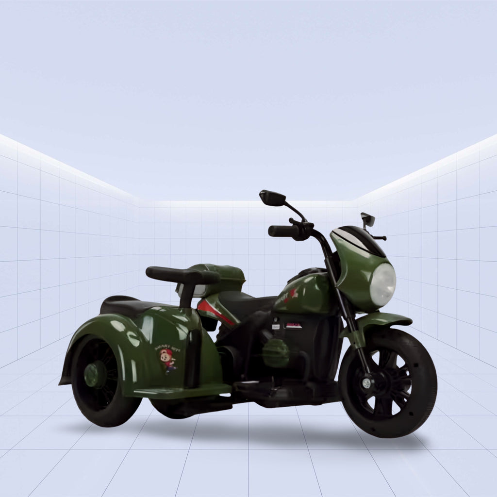 12V "Retro Military Style Electric Ride-On Motorcycle with Sidecar for Kids" (GREEN)