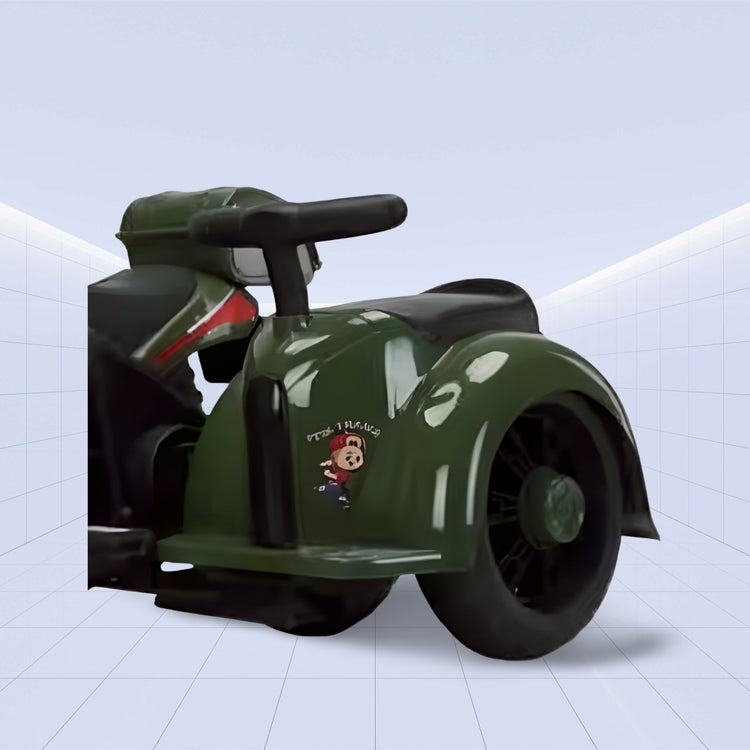 12V "Retro Military Style Electric Ride-On Motorcycle with Sidecar for Kids" (GREEN)