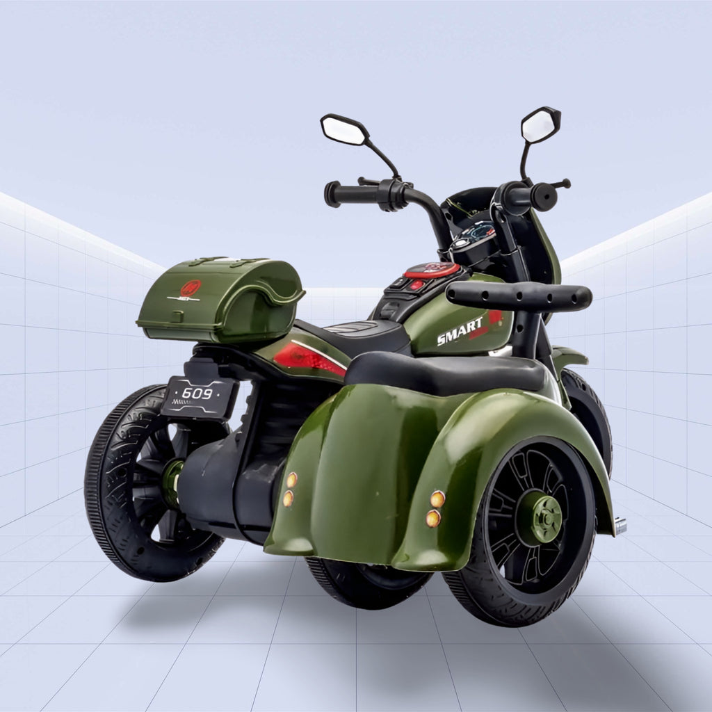 12V "Retro Military Style Electric Ride-On Motorcycle with Sidecar for Kids" (GREEN)