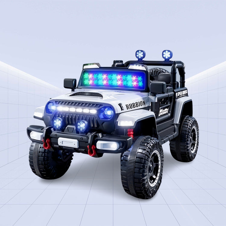 "Off-Road Beast – Kids 4x4 Jeep with Massive Wheels & LED" (WHITE)